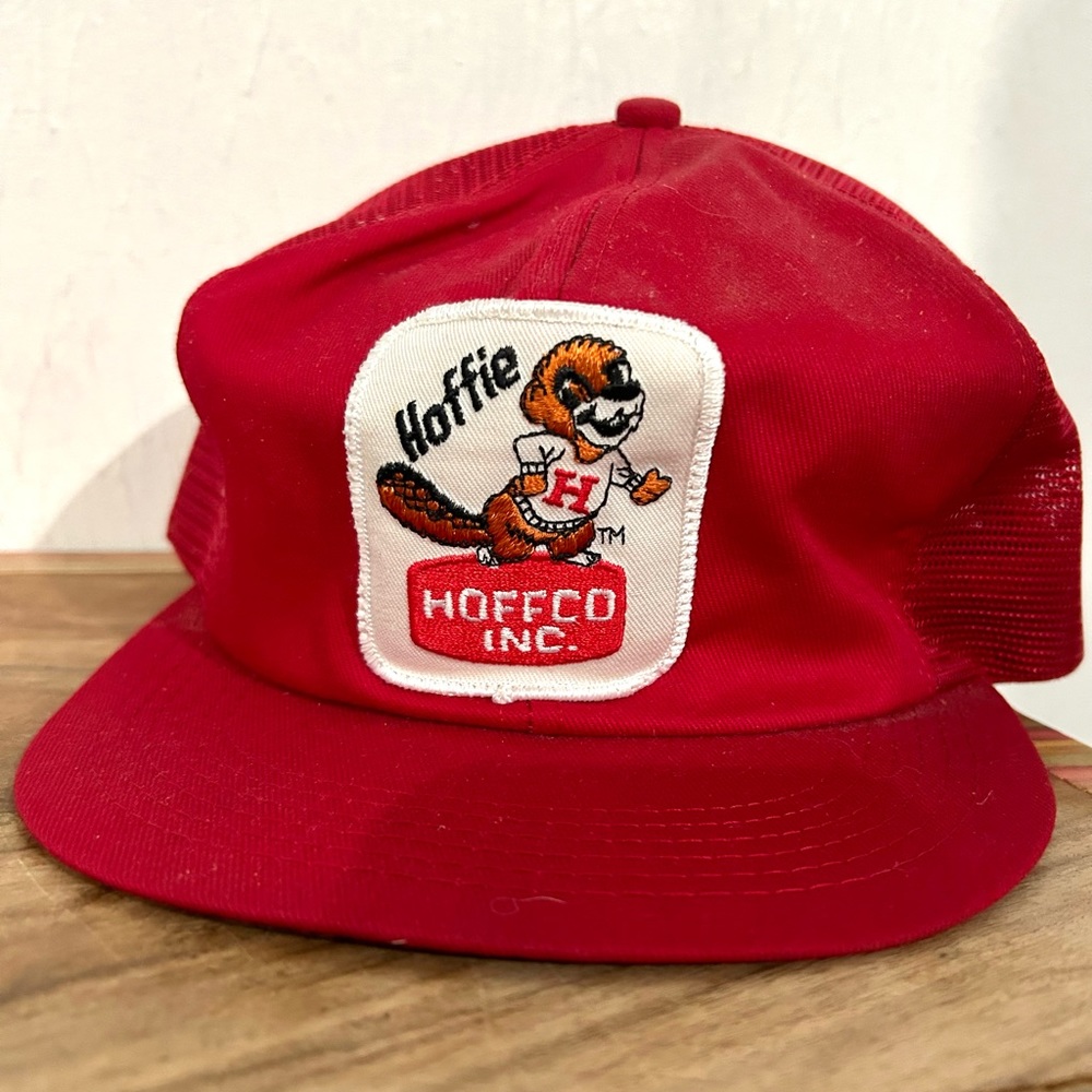 Red Hoffie INC Beaver Patch Snapback Hat Trucker Cap 90s Hoffco Inc Made in USA